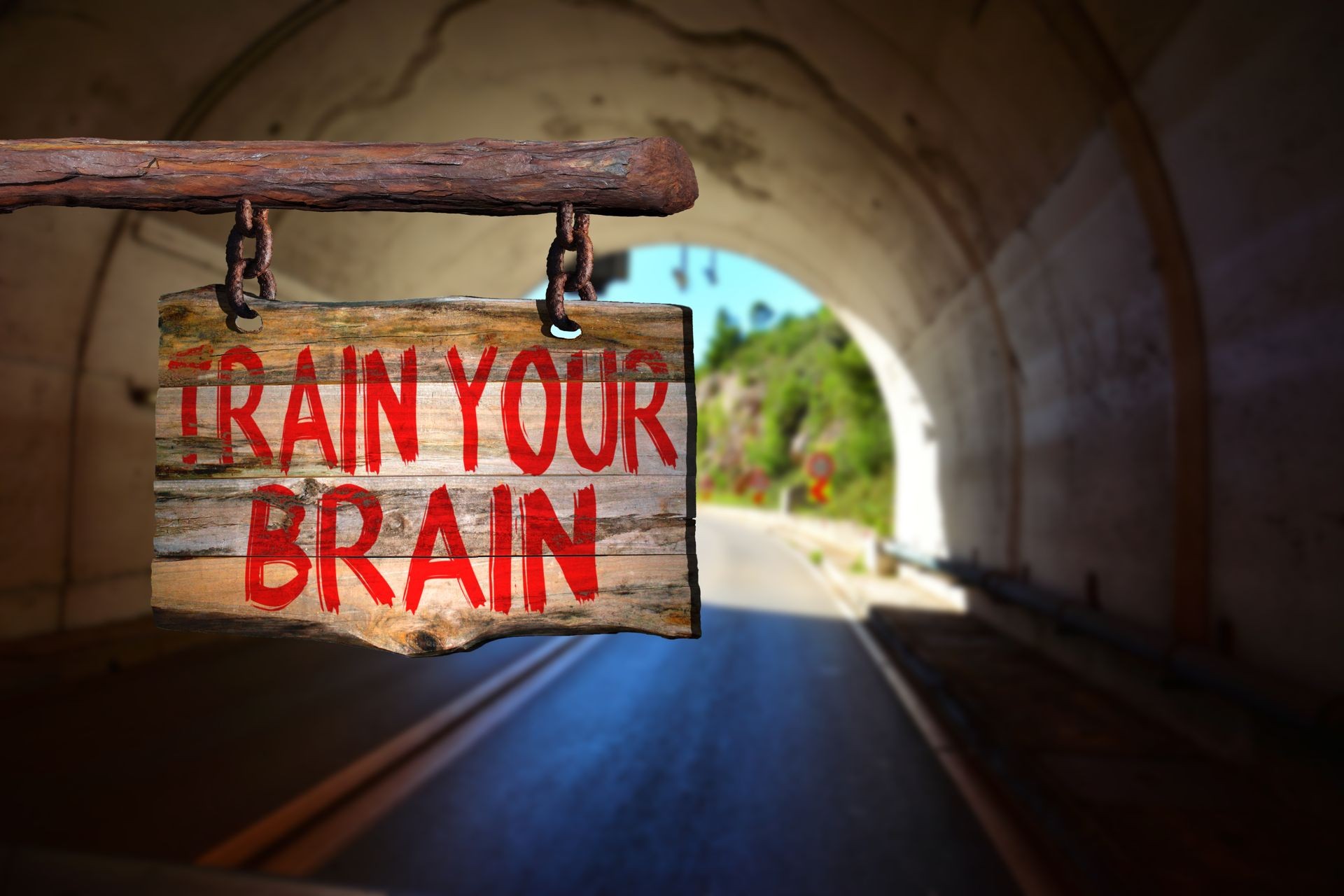 Train your brain motivational phrase sign on old wood with blurred background